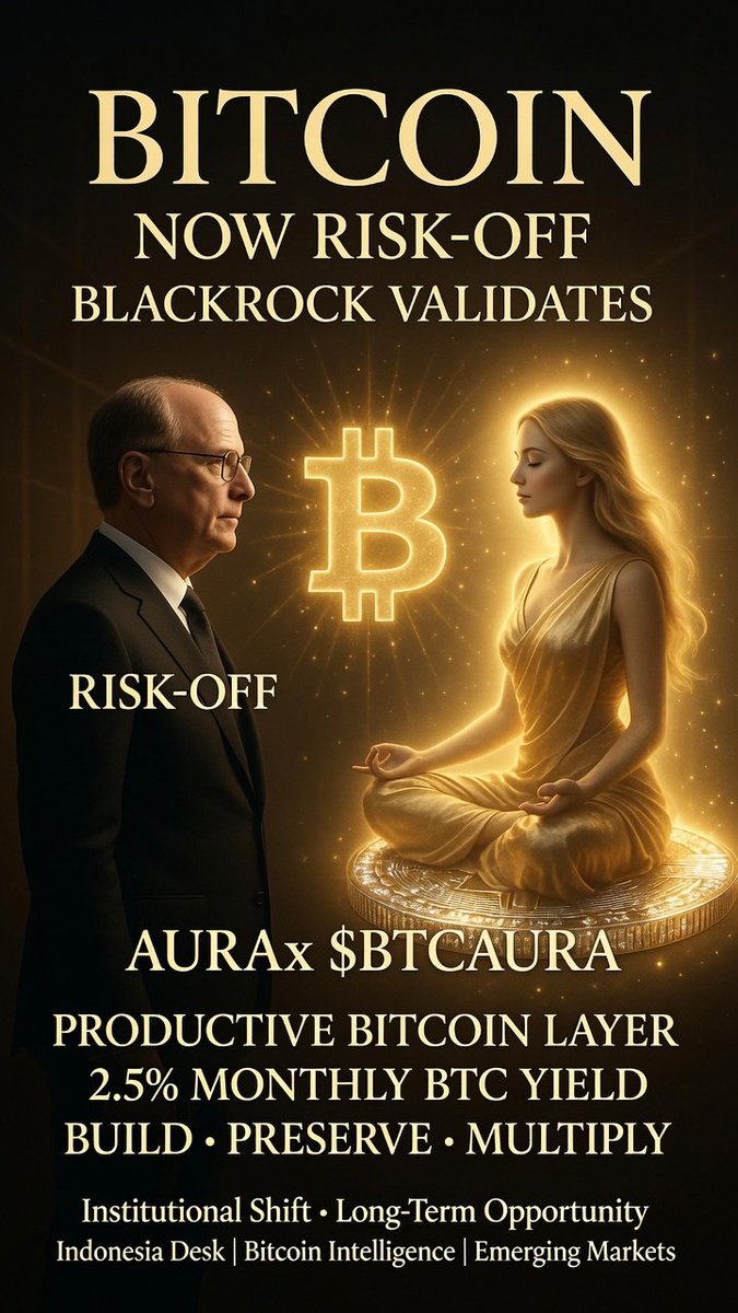 AURACOIN_KID's tweet photo. 🚨 BlackRock Labels Bitcoin a “Risk-Off” Asset — Major Implications for $BTCAURA

BlackRock, the world’s largest asset manager, has officially classified Bitcoin as a Risk-Off asset.

This is a historic shift.

For years, Bitcoin was treated as a high-risk, speculative investment. Now one of the most powerful institutions on Earth is placing it in the same category as gold and other traditional safe-haven assets.

What This Means for Bitcoin

• Institutions will increasingly buy Bitcoin during market uncertainty.

• Bitcoin’s role as a long-term store of value is being reinforced at the highest levels.

• Capital that previously flowed only into gold and bonds may now partially rotate into Bitcoin.

Clear Implications for $BTCAURA

As a Bitcoin Productive Utility Token, $BTCAURA is directly positioned to benefit from this shift:

1. Stronger Utility Narrative
When Bitcoin is treated as a Risk-Off asset, demand for tools that help people own more Bitcoin productively increases. $BTCAURA’s 2.5% monthly BTC yield becomes even more valuable.

2. Long-Term Growth Catalyst
As more institutional and retail capital flows into Bitcoin, tokens with strong Bitcoin correlation and real utility (like $BTCAURA) stand to gain significant attention and adoption.

3. Increasing Adoption in Crypto & Blockchain
This validation accelerates the broader acceptance of Bitcoin-aligned projects. $BTCAURA, with its fixed supply, 88% Bitcoin correlation, and real yield mechanism, is perfectly placed to capture this growing demand.

The bigger picture is clear:

Bitcoin is maturing into a global safe-haven asset.
$BTCAURA is the productive layer that allows everyday believers to participate more effectively in that future.

To Every AURAx Holder:

This is why we stay consistent with Daily Level Up.
This is why we focus on long-term conviction.
This is why the 10M+ threshold and monthly BTC yield matter.

The institutions are moving.
The smart move is to position early and productively.

BUILD with discipline.
PRESERVE with strong hands.
MULTIPLY through real Bitcoin yield.

Signal Over Noise.
21M Sovereignty.

Indonesia Desk | Bitcoin Intelligence | Emerging Markets