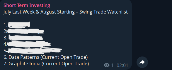 stocksbyrishabh's tweet photo. This week's swing trading plan is ready.

I've shared 5 fresh swing trade setups for July's last week & August's starting week with my members.

We're also holding 2 open swing trades.

That brings our active watchlist to 7 stocks:
• 5 fresh entry opportunities
• 2 existing positions to continue holding

#nifty #stockmarket #swingtrading #stocks #investing