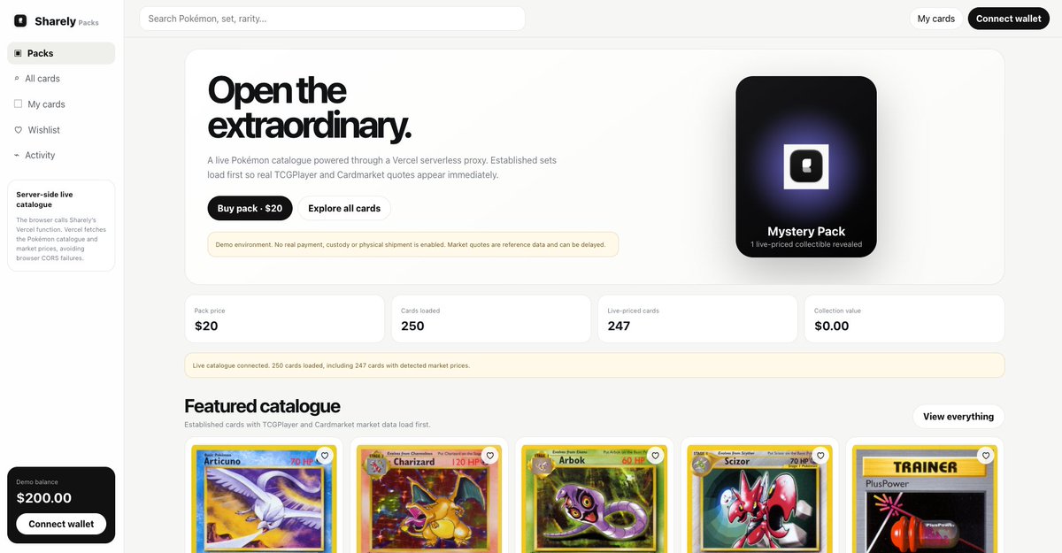 SharelyMkt's tweet photo. We've completely changed direction.

Today, we're excited to announce that Sharely is now building with the Pokémon TCG API Developer Portal.

After extensive discussions and negotiations with their team, we were granted access to the Developer API, marking a major milestone for the project and opening the door to an entirely new experience.

This marks the beginning of a new chapter for Sharely.

Our platform is currently available as a public demo while we complete the final integration and await official API approval.

Live market pricing, an extensive card catalogue, portfolio tracking, mystery packs, and many more features are on the way.

We're just getting started.

CA: 0x3be72688d8163ccff541f171e7cd1be38a324f99
https://t.co/knFnT79t2k