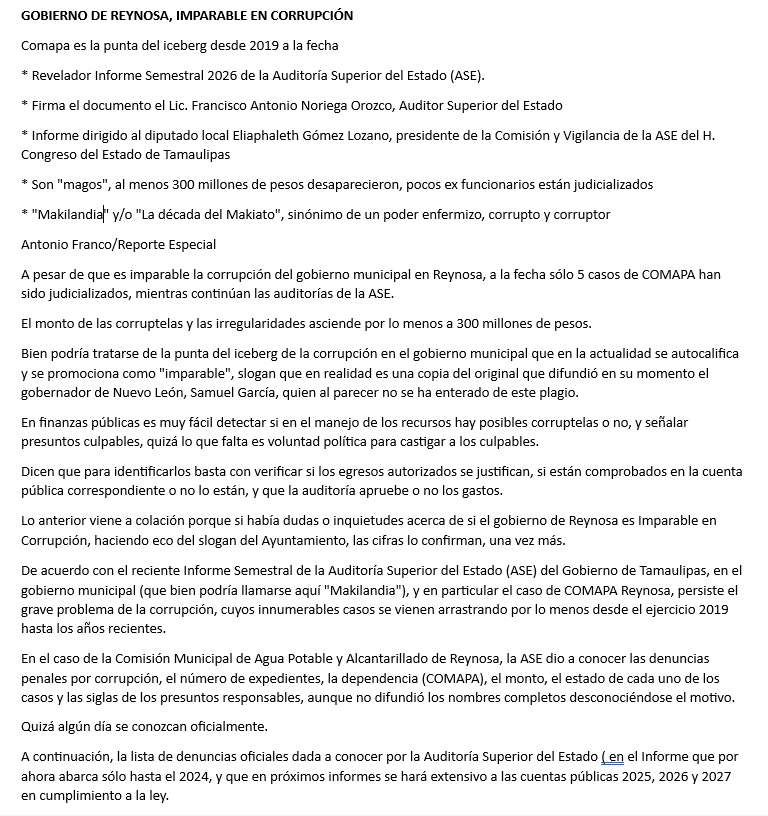 lvelasc0's tweet photo. @ContraloriasMX  Favor de apoyar una auditoría en la ciudad de Reynosa, Tamps. ¡La población está harta de tanta CORRUPCIÓN! c.c. @gobtam @ComapaReynosa @ReynosaGobierno @carlospenaortiz @conagua_mx @SCJN @GobiernoMX @Claudiashein  La poblacion de Reynosa seguimos sin agua! https://t.co/axb6TShcRg