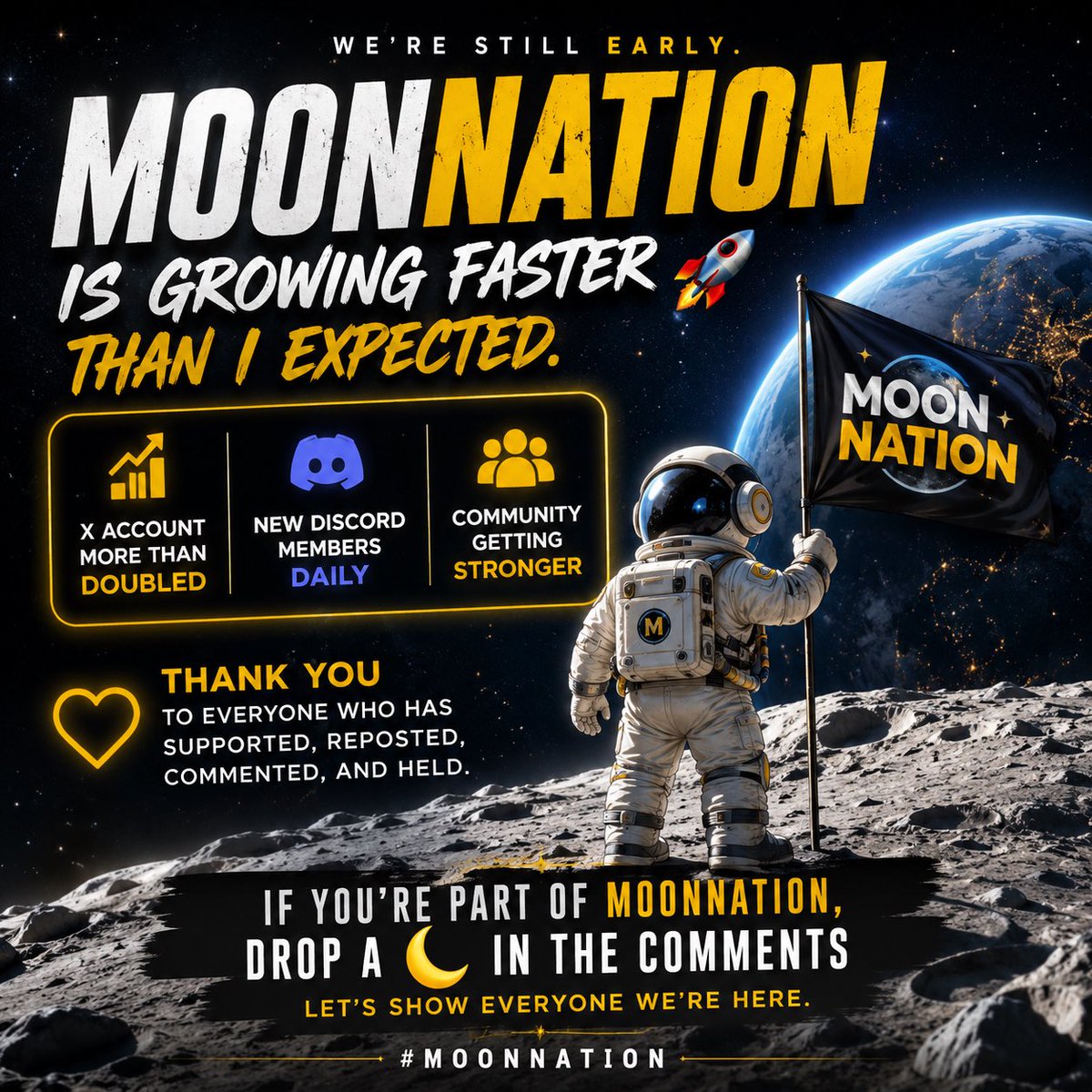 MoonNationHQ's tweet photo. 🚀 MOONNATION is growing fast!

Our X account has more than doubled, new members are joining daily, and the community keeps getting stronger.

Thank you to everyone who has supported, reposted, commented, and held. 🌙

We’re still early.

📢 Telegram dropping soon.
🌙
#MOONNATION https://t.co/GR5zrvYuoo