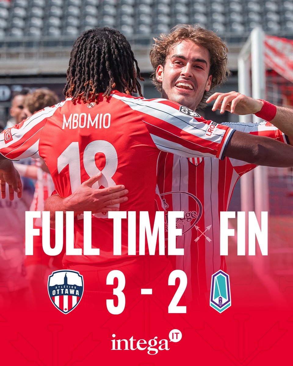 atletiOttawa's tweet photo. ⏱ 90’ FULL-TIME

Nic Fleuriau Chateau scores the stoppage time winner on his debut to claim victory for Atleti!!!

🔴⚪️ ATO 3-2 PFC 🔱

#AtleticoOttawa #EarnYourStripes https://t.co/8JONtIrVA6