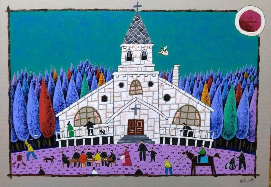 奥村ユズル　水彩画原画　青い森の教会 過去展示作品 「青い森の教会」（@奥村ユズル）
