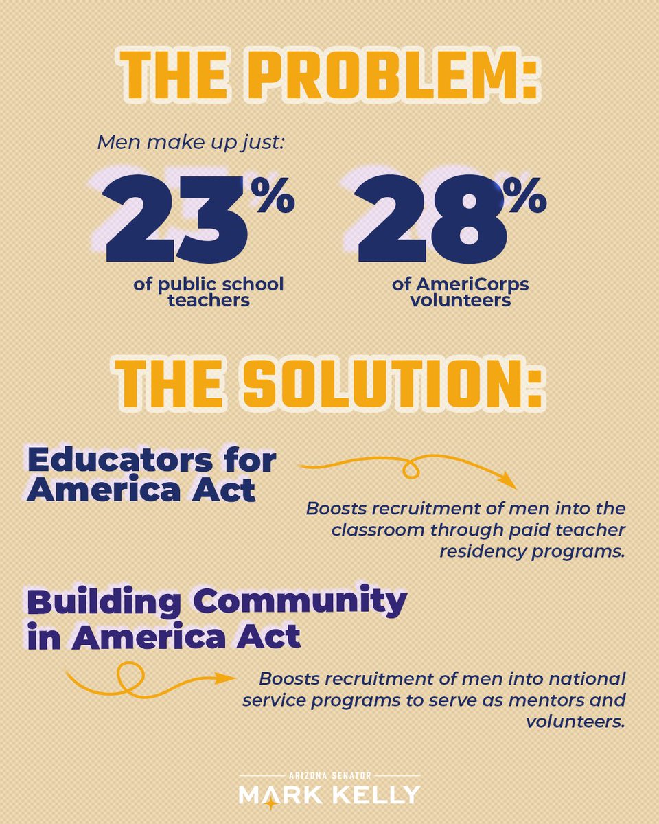 SenMarkKelly's tweet photo. Every kid deserves a positive role model in their lives. But too many, especially boys, don't have one. We need more people to step up.  
  
I introduced two bills to boost recruitment of men into classrooms and national service. When more people serve their communities, everyone benefits.