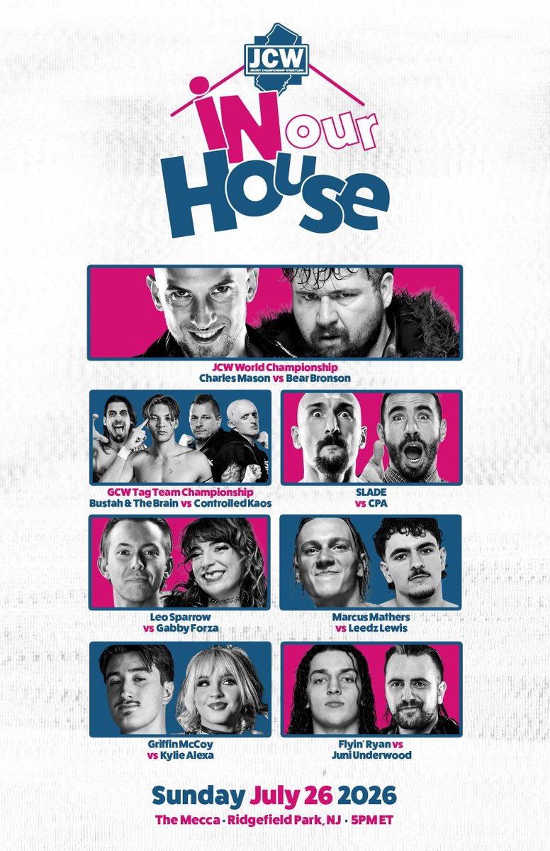 GCWrestling_'s tweet photo. TODAY 5PM

Our friends from @JerseyCW are back at The Mecca for #JCWHouse!

Watch LIVE on @Triller_TV+ or watch the first hour for FREE on Youtube:
https://t.co/ELGAusLwvN

*JCW Title Match*
Charles Mason vs Bear Bronson

Bustah &amp; Brain vs Controlled Kaos
Mathers vs Leedz

+more https://t.co/2KJJJmxLQQ