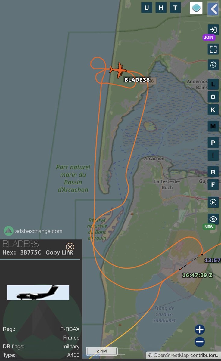 Th__Cuq's tweet photo. Jour deux pour l’A400M F-RBAX #BLADE38  après un escale technique à Cazaux,  c’est un seul largage qui aura eu lieu cet après-midi au niveau de la presqu’île du Cap Ferret. https://t.co/nEgwoJkIib