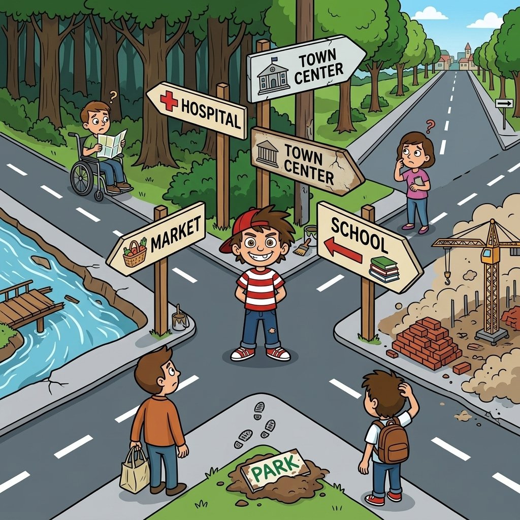 Braingamelive's tweet photo. 😈 Rascal Rick has caused chaos again!
He switched all the road signs...
Only ONE still points to the correct place.
Can you find it?
💬 Explain your answer below. No lucky guesses  😉 https://t.co/HoKgKwP743
