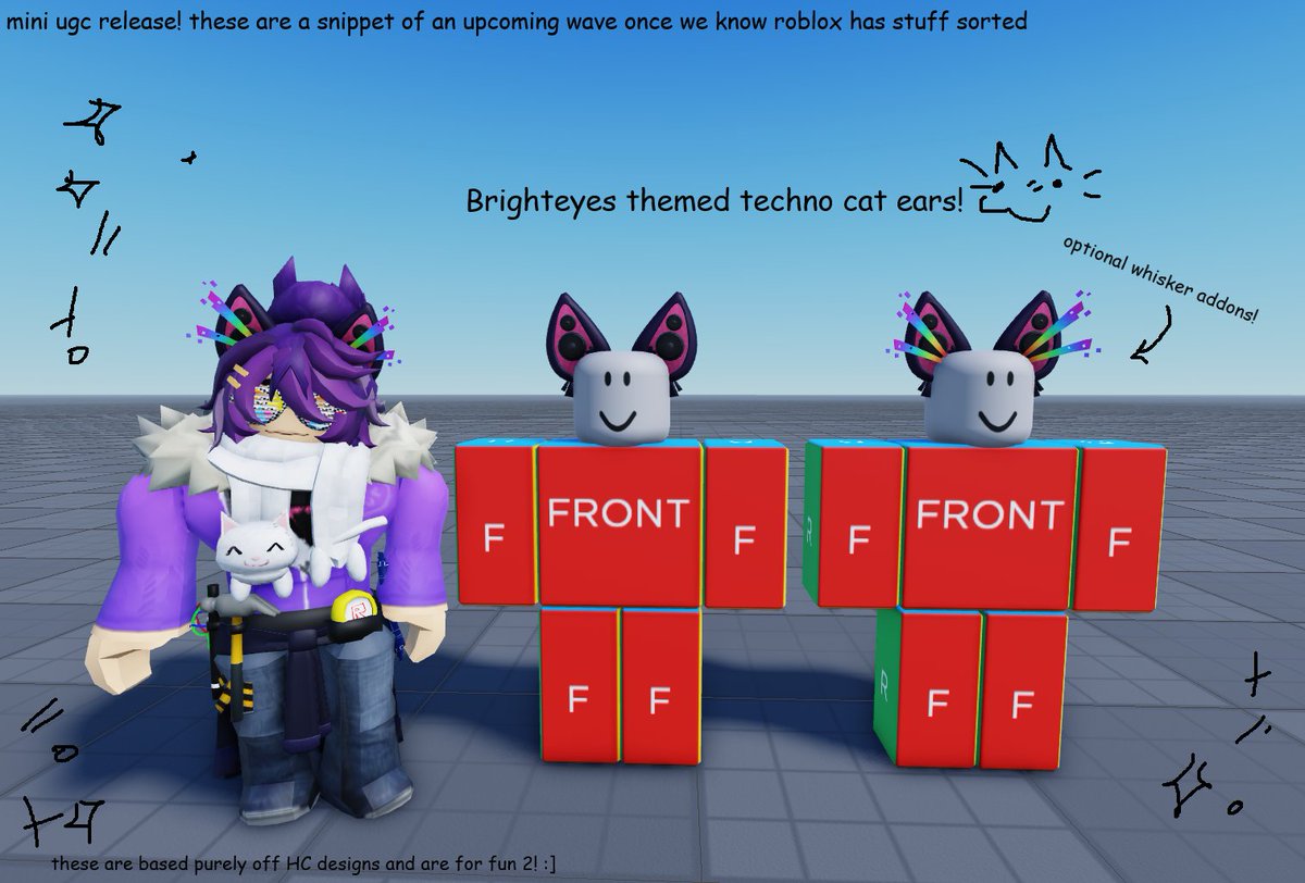 Wellimtoast's tweet photo. Alright we give you guys a mini release 2day! 🌟

Brighteyes themed techno cat/kitty ears!

They have an addon for whiskers (you'll be able to mix and match these when the others are out! 👀) 

Find them here! -> https://t.co/60ka7KV1xp

#RobloxUGC #Roblox #UGC #RobloxAdmins https://t.co/ZAd8i5Azpb
