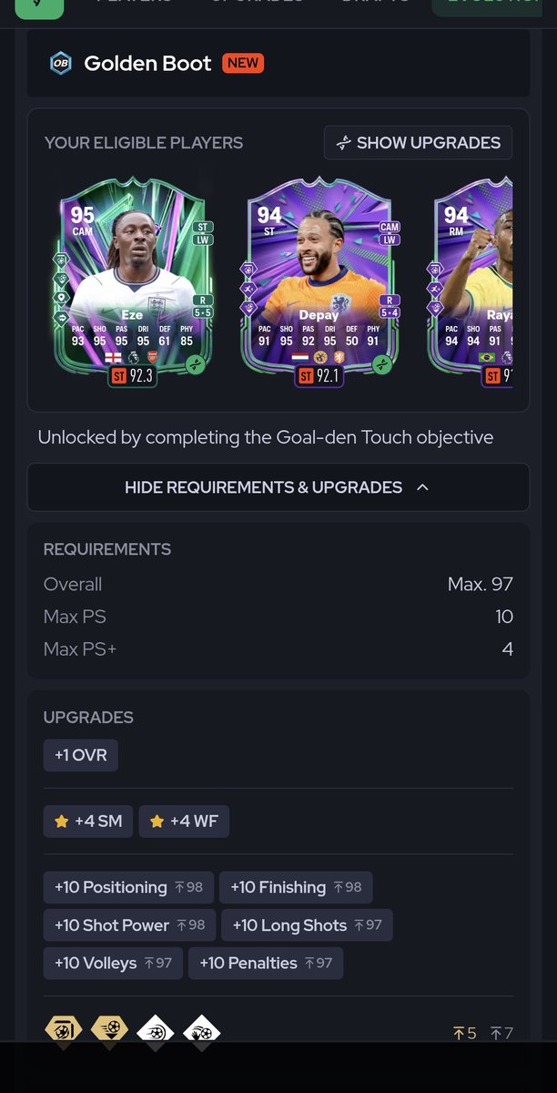 Adwait17's tweet photo. I Have Evo upto 97 with the same requirements yet it doesnt show up in the Eligible grid.
Earlier when we had the Evo List n the GG lab I could see clearly how much improvement each player will get. Here I am getting the same list for almost all Evos. Please fix this. 
@FUTxGG https://t.co/phldD6lGQH