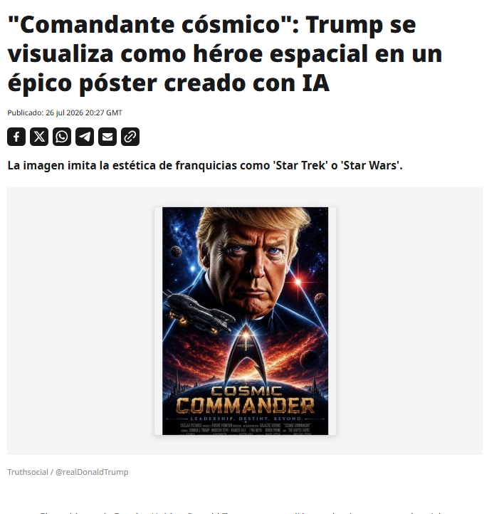ActualidadRT's tweet photo. 🇺🇸 El presidente de Estados Unidos, Donald Trump, sorprendió este domingo en su red social Truth Social al publicar un póster generado por inteligencia artificial que lo retrata como el héroe de una épica película de ciencia ficción titulada 'Cosmic Commander' https://t.co/n9sAuXgRMk