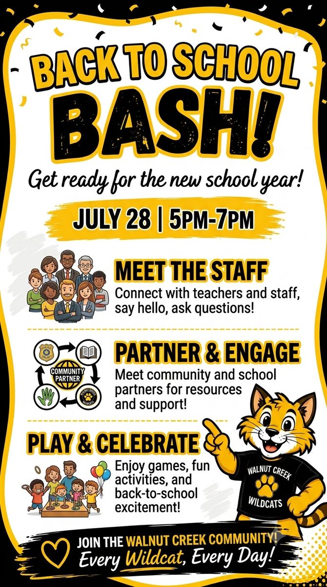 WalnutCreekES's tweet photo. Back to School Bash, Tuesday, July 28th, 5-7 pm! https://t.co/Y3hbVtCeZN