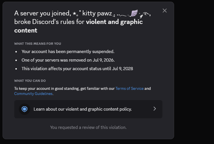 Vanityhvh's tweet photo. @discord_support thanks discord. joined a server from tiktok and i cant even appeal this ban. would be nice to have the ability to appeal with my own reason and explanation but  cant do that. and my ban review got instantly declined https://t.co/2tjl2QS9oG