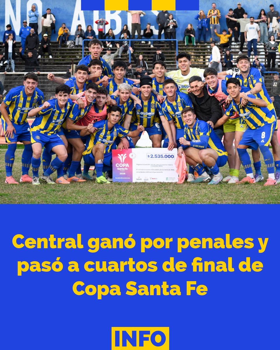 InfoCanaya's tweet photo. 💪🇺🇦 Empate y clasificación desde los 12 pasos 

Rosario Central está en la próxima fase de Copa Santa Fe donde se verá las caras con Los Andes de Alcorta.

El equipo de Pobersnik empezó perdiendo por intermedio de un gol de cabeza del Salaito. Llegó un centro atrás, llovido, desde la línea de cal y de cabeza al gol, nada que hacer para Sosa.

Lo empató recién en el segundo tiempo, a minutos del final, a través de Valentino Felici, que capturó muy bien un pase al segundo palo de Bustos y le dio destino de red.

Un gol para cada lado, a penales.

Los jugadores de Central convirtieron todos y el arquero Sosa tapó un penal abajo a su izquierda con una muy buena reacción y fue clasificación para Rosario Central.

Esta competición es importante para que los jugadores de reserva e inferiores demuestren que pueden ganarle a los equipos de la provincia y así luchar por un lugar en el Primer Equipo.

¡Felicitaciones Chicos, a seguir camino hacia la final!