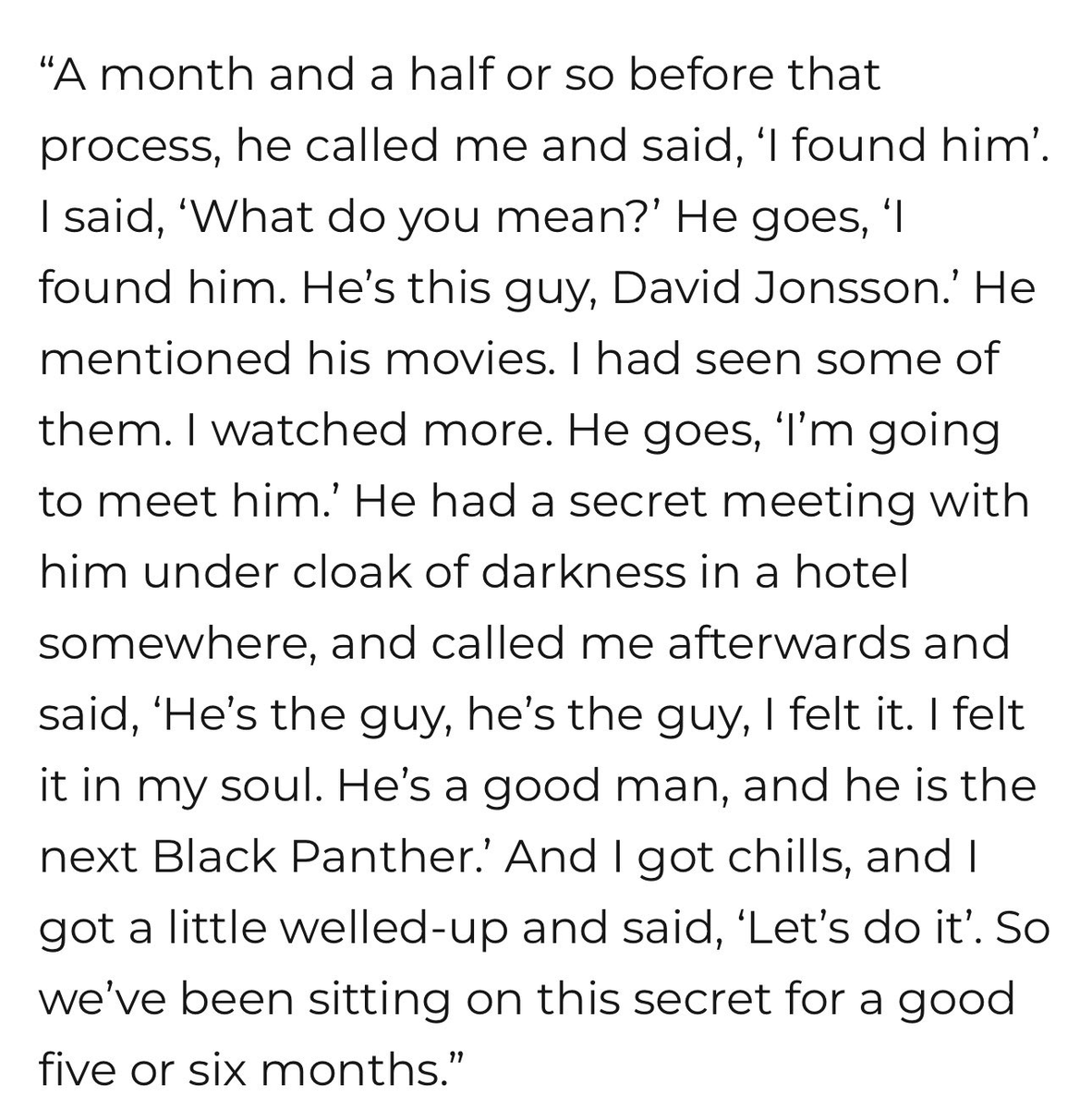 big_business_'s tweet photo. No audition or anything, Ryan Coogler just had a one-on-one meeting with David Jonsson at a hotel and felt in his soul that he was the next Black Panther. https://t.co/aLI3tX73Le