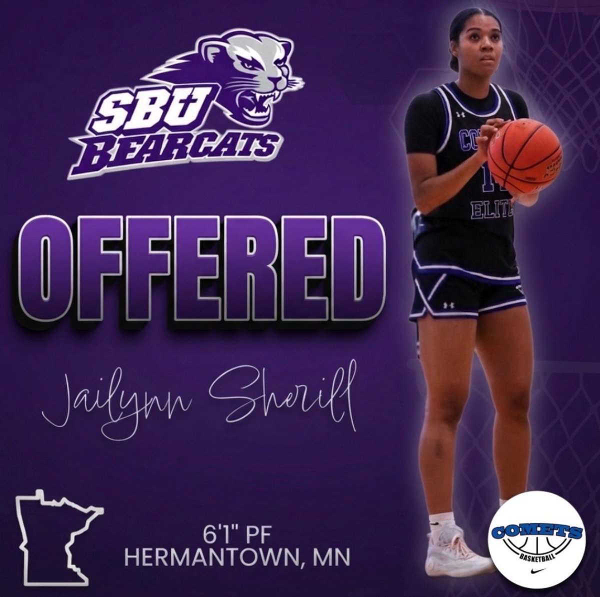 JailynnSherill's tweet photo. After a great call with coach Bollant, I’m blessed and grateful to receive an offer to play for Southwest Baptist University @bO_One15 @Coachosuchukwu @MNCometsGirls @GMacHoops @EricJrAllStar @bearcats_WBB https://t.co/71opW76Jdw