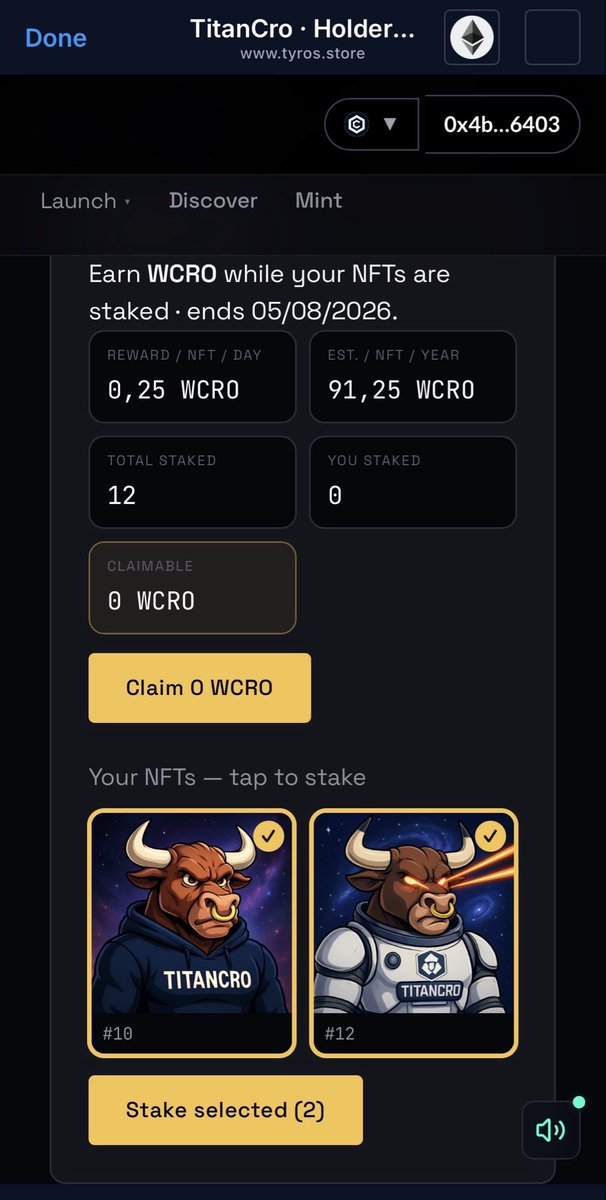 luca87m's tweet photo. Just staked my TitanCro NFTs @tyrosmarket 🐂
Earning 0.25 WCRO per NFT per day while they’re locked.
Currently selected:
•  TitanCro #10
•  TitanCro #12
Let’s ride this out until 05/08/2026 🚀
@CryptoGold94 @ben__crypto23 
#TitanCro #WCRO #NFTStaking https://t.co/3EXSrLO0Uk