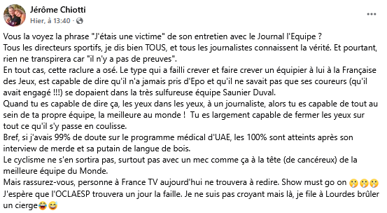 EnPleineLucarne's tweet photo. Publication de Jérome Chiotti (repenti du dopage dans le cyclisme) sur Gianetti (patron d'UAE) :
https://t.co/MH1lWWtlZl https://t.co/ZblWMaVDPG