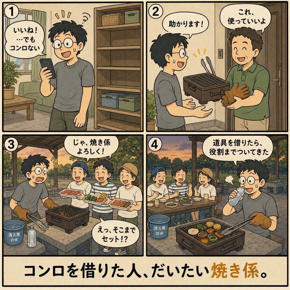 Retool_jp's tweet photo. 節約あるある
急遽決まったBBQ、一式レンタルフリマアプリで借りたら焼き担当

レンタルフリマアプリで夏を満喫しよう！ https://t.co/Y78bJUGNYo