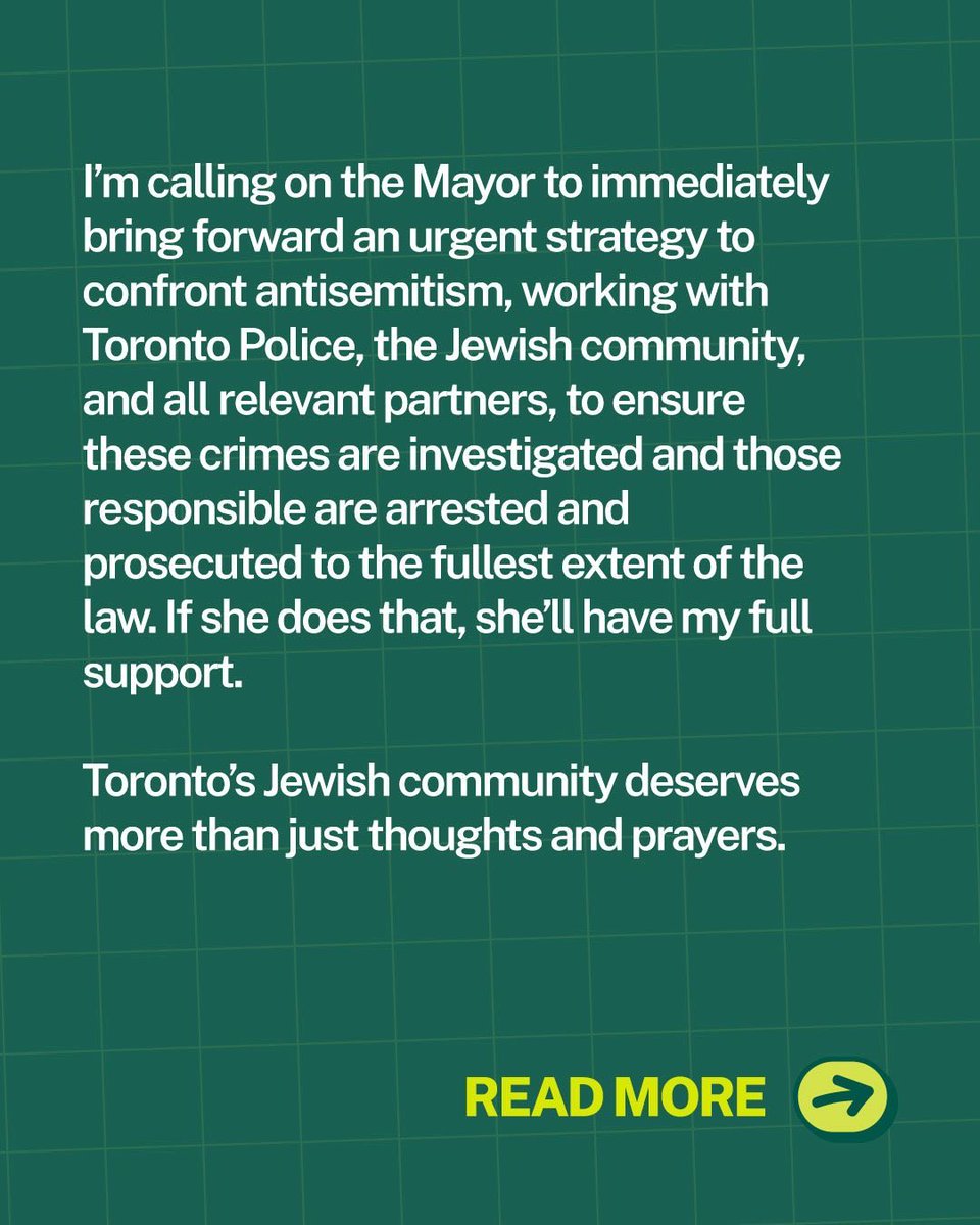 BradMBradford's tweet photo. My statement on antisemitism in Toronto and the attacks on two Kiva’s Bagel locations:

“The reported attacks targeting Jewish-owned businesses in Toronto are outrageous and completely unacceptable.

I’ve reached out to a number of rabbis and Jewish community leaders in Toronto. There’s been too much antisemitic violence directed towards the Jewish community. This is just the latest data point in a very long list.

I spoke with one of the owners of Kiva’s and he put it succinctly - ‘The criminals broke the glass. Police did their investigation. But we kept Kiva’s open. We will open again, tomorrow.’

And we will support them. Toronto will support them.

Every person in this city deserves to feel safe in their community, at their place of worship, and at their place of work.

The Mayor has offered sympathies and support. Clearly, that hasn’t been enough. 

I’m calling on the Mayor to immediately bring forward an urgent strategy to confront antisemitism, working with Toronto Police, the Jewish community, and all relevant partners, to ensure these crimes are investigated and those responsible are arrested and prosecuted to the fullest extent of the law. If she does that, she’ll have my full support.

Toronto’s Jewish community deserves more than just thoughts and prayers. 

Toronto is not going to remain a city where Jewish store owners sweep up broken glass. 

We will sweep it up together. All of us. 

Indifference is the indictment.”