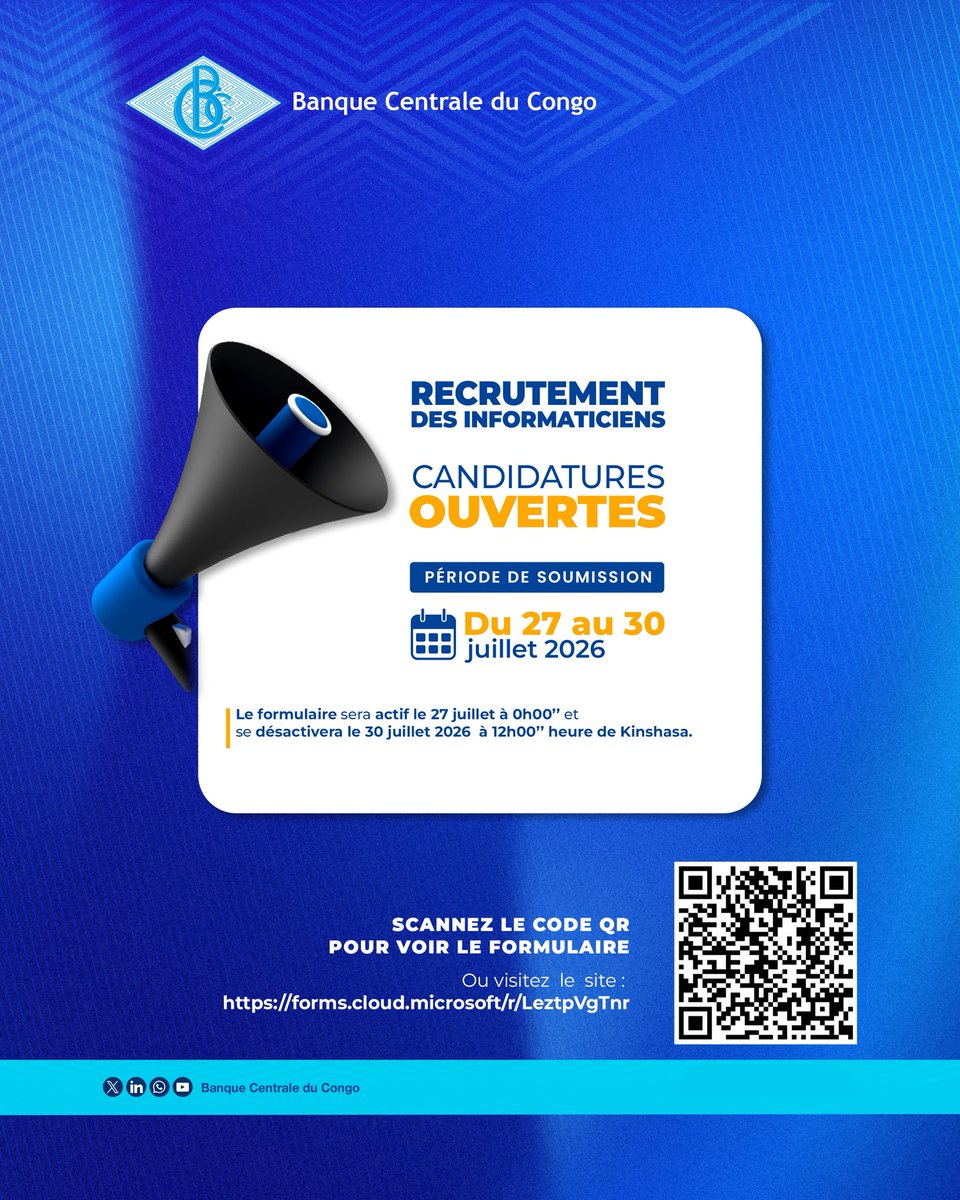 BCC_RDC's tweet photo. 📢 Le formulaire de candidature au recrutement d’informaticiens de la Banque Centrale du Congo sera accessible à partir de ce 27 juillet 2026 à 00h00, heure de Kinshasa.

Les personnes répondant aux conditions fixées dans l’avis au public du 22 juillet 2026 pourront soumettre leurs candidatures jusqu’au 30 juillet 2026 à 12h00, via le lien ci-dessous :

🔗 https://t.co/UtDrF2MklC

Les candidatures féminines sont vivement encouragées.