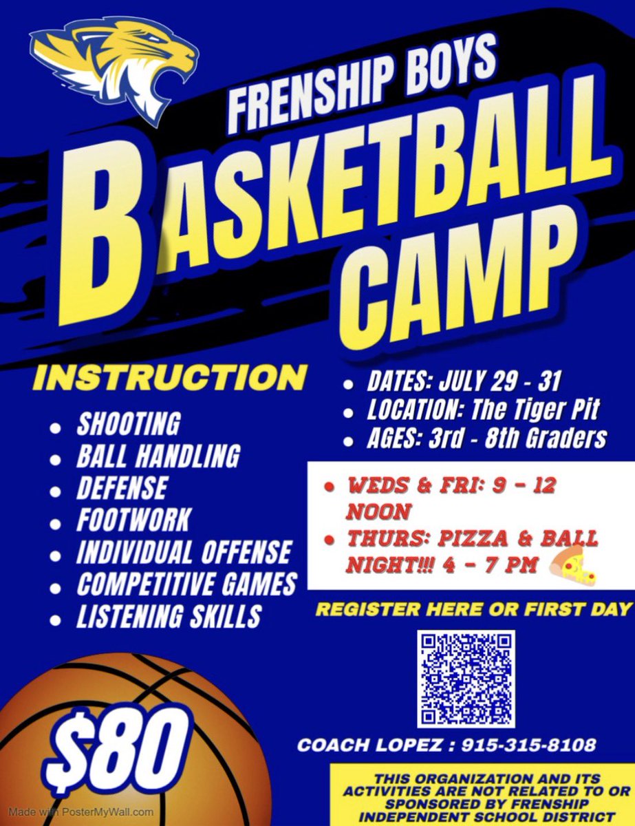 FrenshipHoops's tweet photo. 🚨 CAMP REMINDER🚨 

As summer is coming to an end, don’t forget about our Youth Summer Tiger Basketball Camp 🏀

🔵July 29-31
🟡Incoming 3rd - 8th Graders

See y’all there‼️ 

@pchristy11 @RandyRosetta @FrenshipISD @FrenshipSports @rubenlopez_35 @806hsscmedia https://t.co/K08otchzsf