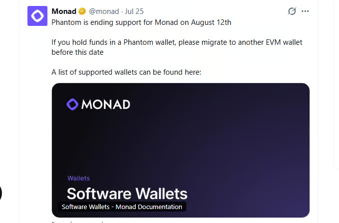 txd102023's tweet photo. FYI, Phantom is no longer support Monad from August 12th.  

Friends who recognized by Monad and received airdrop from them, are you using anything on Monad for now? https://t.co/aQjnj2HQzC