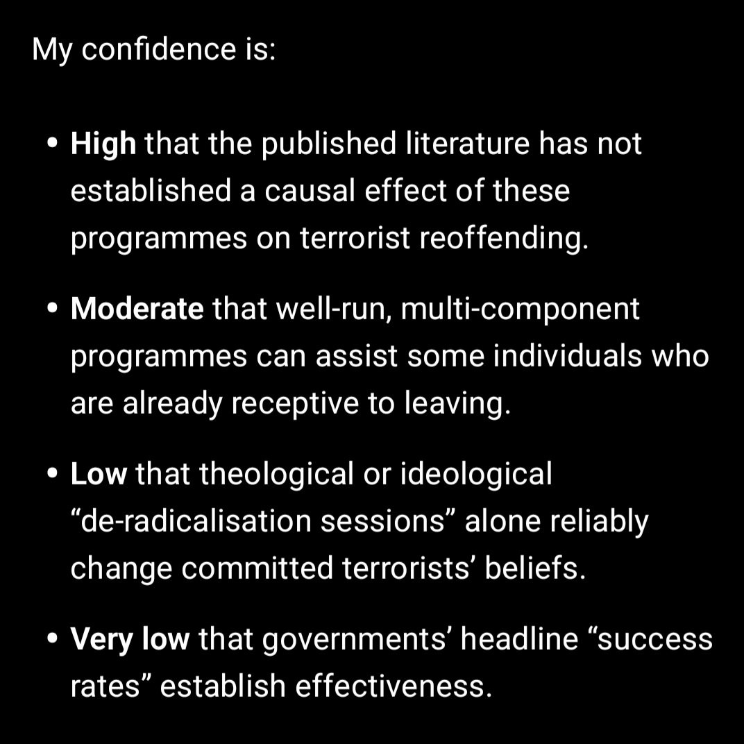 lugaricano's tweet photo. One would hope that before the German state chooses to release people convicted of terrorism in exchange for therapy attendance, they would demand evidence the therapy works? Here is ChatGPT Sol on whether evidence of success exists.  What am I missing? Very happy to be wrong. https://t.co/ANLDhSbOEZ