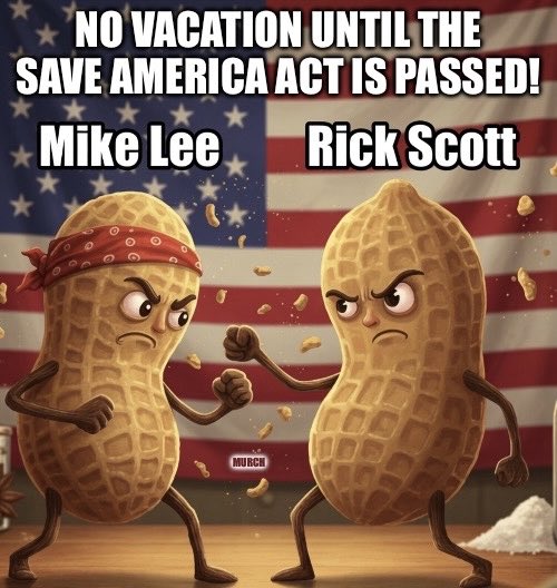 TheEXECUTlONER_'s tweet photo. Thank you Senator Mike Lee @SenMikeLee and Senator Rick Scott @SenRickScott for having the courage and the big nuts to stand up and demand no recess for the Senate until the Save America Act is passed. 

While you are at it, get three more Senators to vote with you and call for removing Senator John Thune @LeaderJohnThune as the Senate Majority Leader. We need one of you to take over.