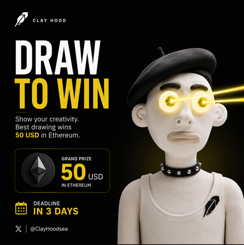 ClayHoodsea's tweet photo. Artists, this one's for you 🚨

🎨 Think you've got what it takes?

Draw your favorite Clay Hood for a chance to win $50 in ETH.

⏳ 3 days left.

Show us what you've got. 🔥 https://t.co/nIxjz41zDd