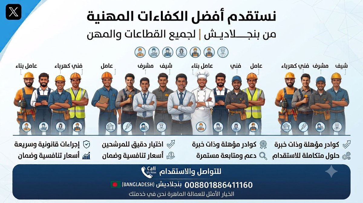 workersksa's tweet photo. استقدام عماله مهنية   
من بنجلاديش  
 جميع المهن للتواصل  
 واتساب 0540400475 
#السعوديه_العظمي #يد_وحده_لاجل_سموالخير #مي_ال #د_توث https://t.co/LTePCygePA