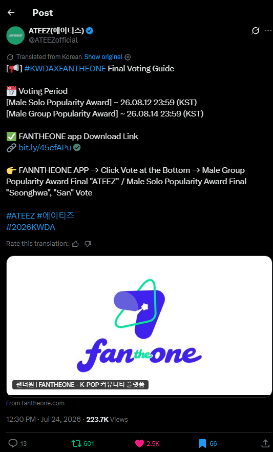 ateezjpeg's tweet photo. i need atinys on deck, even ateez posted about KWDA voting , vote on FANTHEONE app: https://t.co/7az0xgaBtr

ATEEZ for Male Group Popularity ends Aug 14 
SAN for Male Solo Popularity ends Aug 12 https://t.co/x8llof1NBw