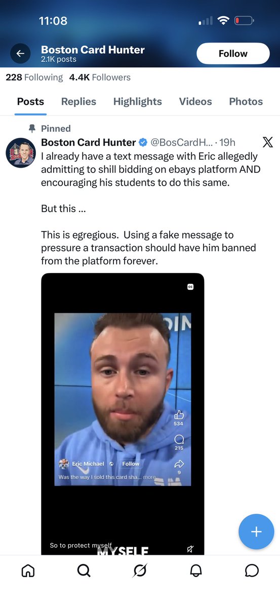 kardyewest's tweet photo. He’s over there crying about me sharing DMs on X… 

Then pins THIS about Eric Michael 😂😂😂

Alleged DMs, fake messages, pressure tactics but only a problem when it’s not him doing it. 

The irony is thicker than a refractor. Pot meet kettle. 

#BostonCardHunter #HobbyDrama #DMHypocrisy