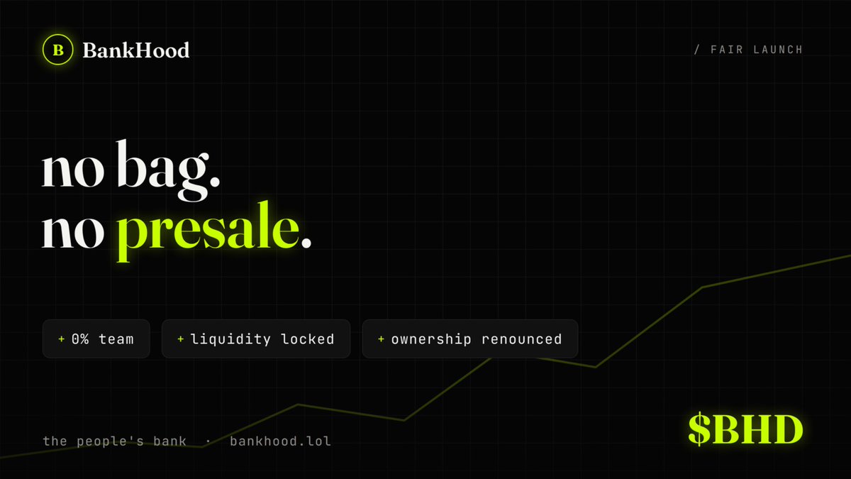 BankHoodReserve's tweet photo. nobody got a head start here. no insiders sitting on cheap coins waiting to unload on you, no private round, nothing carved out for the founders.

everyone came in at the same price. $BHD on Robinhood Chain. https://t.co/u98ohyFsup https://t.co/HM7WtSHiKk