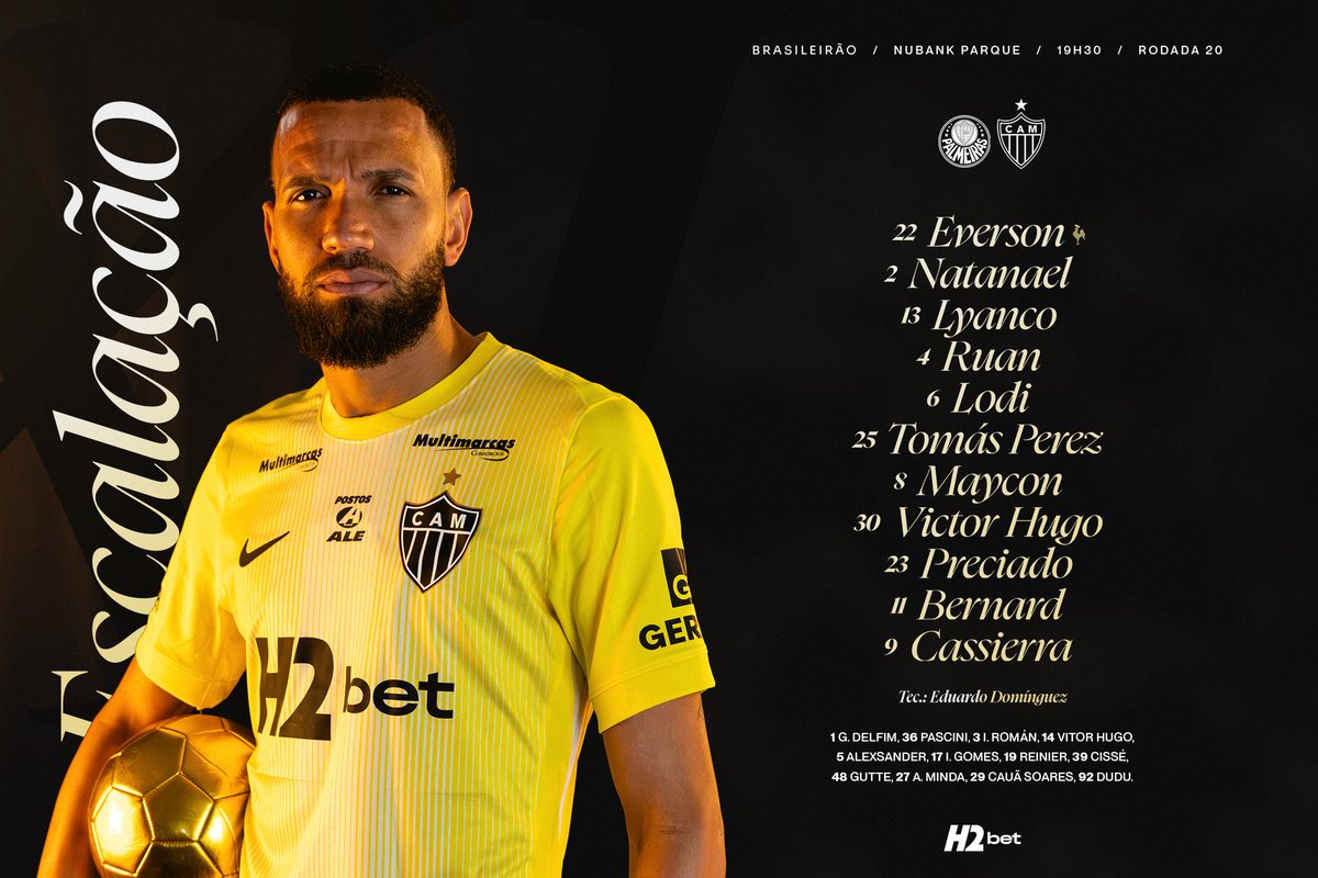 Atletico's tweet photo. 📋 GALO ESCALADO! Veja a nossa escalação para enfrentar o Palmeiras, em São Paulo, pela 20ª rodada do Brasileirão!

📺 @sportv e @canalpremiere

#VamoGalo #PALxCAM 🏴🏳️ https://t.co/3ZvP0xhdAV