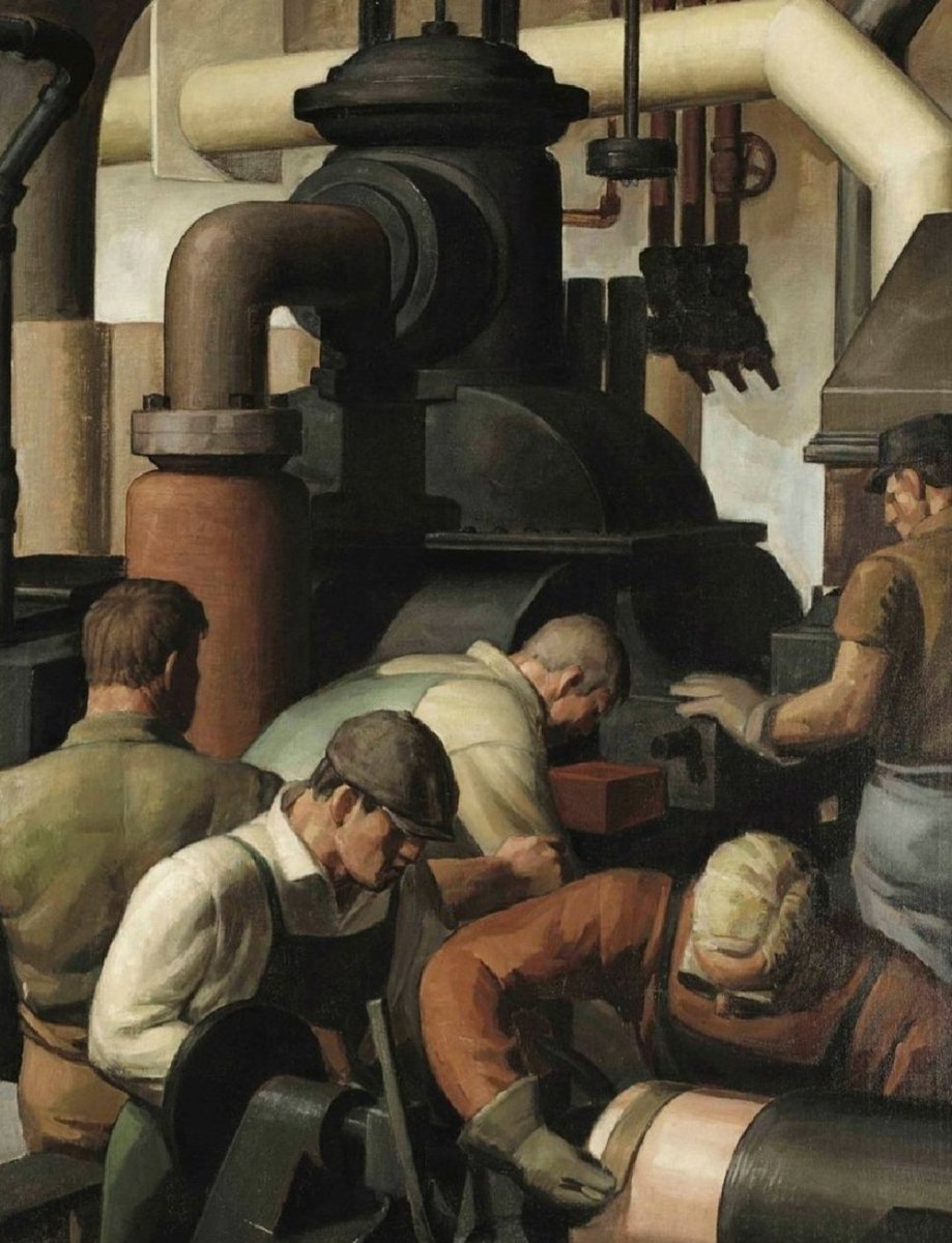 ahistoryinart's tweet photo. During the Great Depression, Douglass Crockwell made several paintings for the Works Progress Administration including this work from 1932, which celebrates the industrial workers at the newspaper plant in the town of Glens Falls, New York. https://t.co/bEqJdhSetU