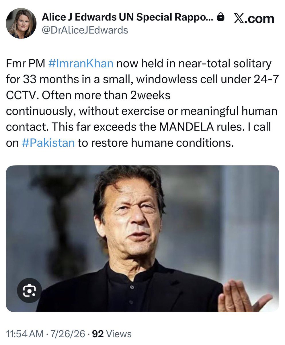 SaffinaEllahi1's tweet photo. Thank you @DrAliceJEdwards UN Special Rapporteur on #Torture , for speaking up again on the inhumane treatment of Imran Khan and @JaredGenser for supporting also.

IK has been in solitary isolation for 8+ mths with zero meetings. 

Both he and his wife have a right to a fair trial and basic prisoner rights.  

This is dire. 

@UN @UNHumanRights @UN_HRC @Kasim_Khan_1999