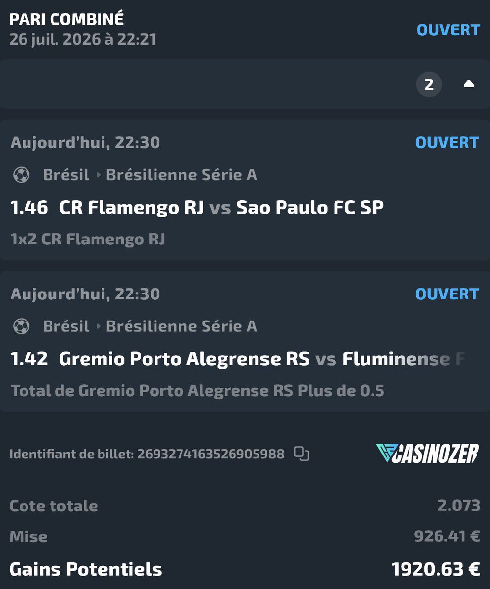 kiky4t's tweet photo. 🏆 Palier 5

🎯 Flamengo / +0,5 Gremio @2.07

926.41€➜ 1920.63€ ? https://t.co/UfTO7S4XtI