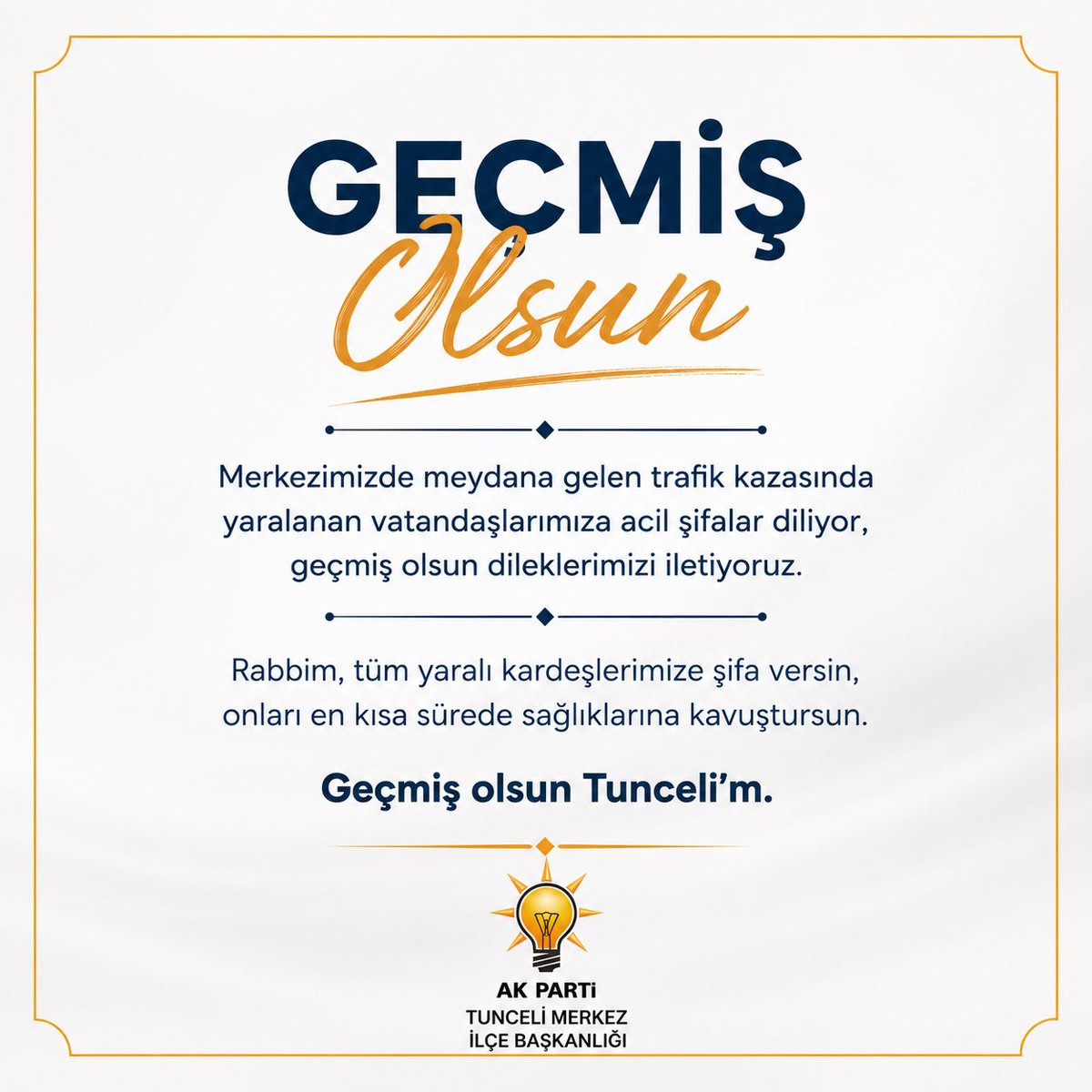 merkezilce62's tweet photo. Geçmiş Olsun Tunceli

Tunceli merkezde meydana gelen trafik kazasında yaralanan vatandaşlarımıza geçmiş olsun dileklerimizi iletiyor, acil şifalar diliyoruz. @abuyukgumus @MustafaAlkayis @CengizDMRKY47 @akparti_tunceli @RecaiHazar https://t.co/RoIcoVKVzz