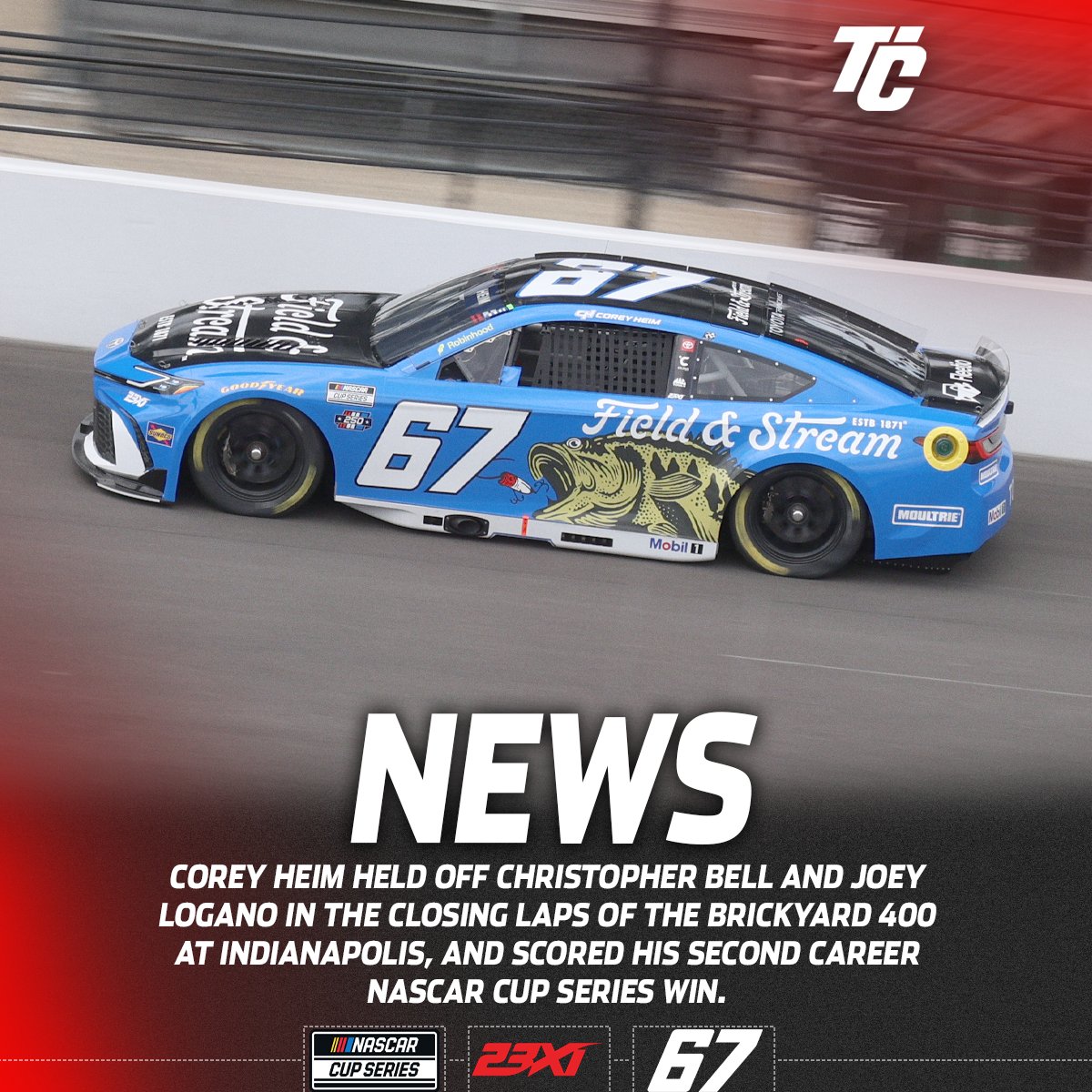 TobyChristie's tweet photo. HOW ABOUT THAT?!?! Corey Heim held off Christopher Bell and Joey Logano in the closing laps of the #Brickyard400, and he is now a TWO-TIME #NASCAR Cup Series race winner. Incredible. https://t.co/hpF1IHkhGS