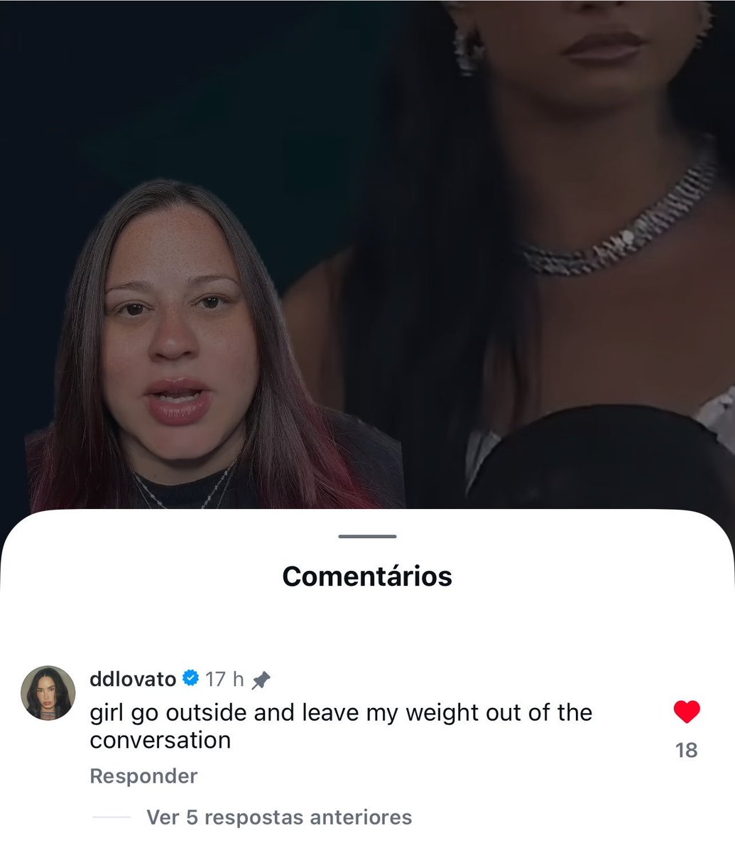 portallovato's tweet photo. Demi Lovato comentou na publicação de uma “criadora de conteúdo” que falava sobre a cantora ter sido substituída por um clone/robô ao falar sobre seus movimentos em uma performance:
 
“garota, vai tomar um ar e deixa o meu peso fora dessa conversa”

Além disso, Demi bloqueou a delulu, que continuou fazendo conteúdos sobre a cantora.