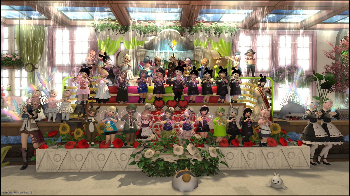 Krile_Mayer_'s tweet photo. クルル
「博士、ララがいっぱい！」

シャントット
「壮観ですわね」

クルル
「みんな笑顔だよ♪」

シャントット
「祝いの魔法も不要ですわ」

クルル
「素敵な誕生日！」

シャントット
「祝福の席に相応しい光景ですわ」
オーホッホッホ！

※お誕生日おめでとう🎉🦭

#あいこちゃん誕生祭 #FF14 https://t.co/DApb76ONwQ