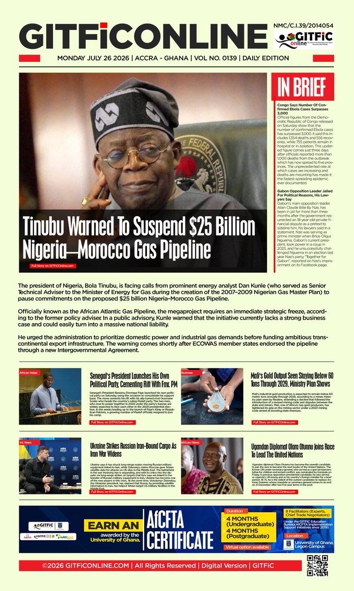 GitficNews's tweet photo. The Digital Front Page Daily Newspaper Headlines by GITFiConline. Monday, 27 July 2026

#GITFiCAgenda2031 (#GlobalDebtinitiative , and #AfCFTA) https://t.co/aUdzYYCaOC