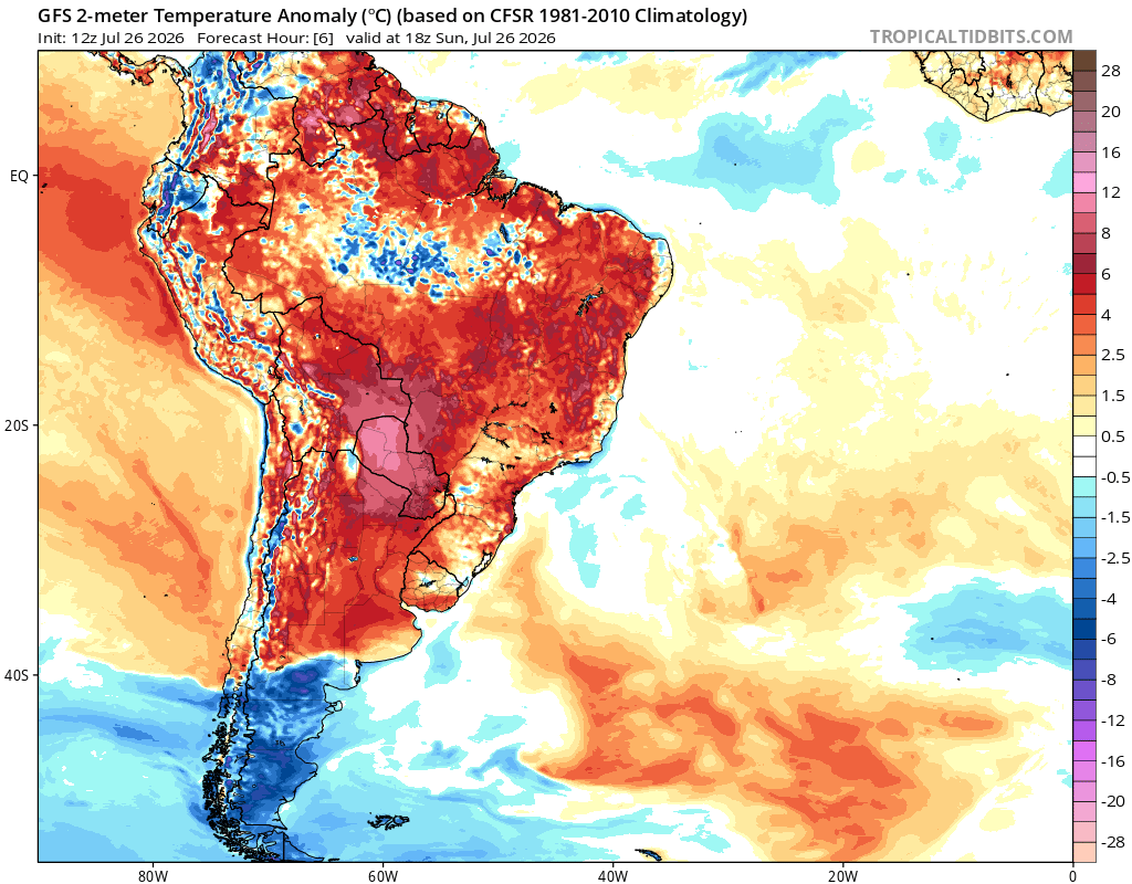 extremetemps's tweet photo. EXTRAORDINARY HEAT IN SOUTH AMERICA
MInd blowing MINIMUM 28.7 Georgetown
GUYANA HOTTEST NIGHT IN HISTORY 

40c IN WINTER
Insane winter heat in BRAZIL with 38/40C
Next days HUNDREDS of records in Brazil,Bolivia,Paraguay,Peru,Ecuador and Colombia.
Absolutely crazy. https://t.co/Fa1x9HDJ6l