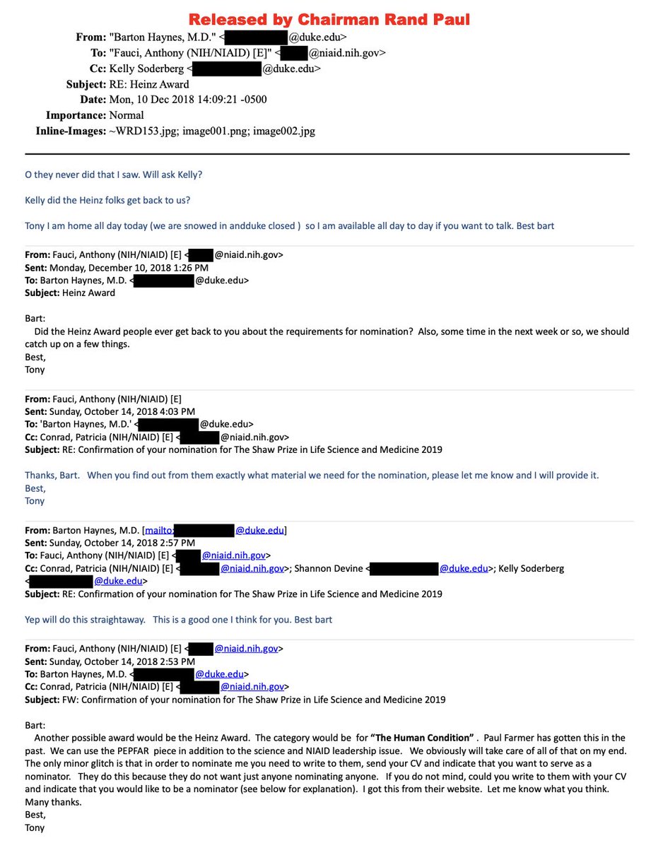 MaryBowdenMD's tweet photo. Emails show Fauci actively coordinated prize/award nominations:
-  Asked colleagues (e.g., Barton Haynes) to nominate him for the Shaw Prize and Heinz Award.
- Supplied materials and narratives (“As usual, I will supply all of the material”).
- Staff (including Greg Folkers) helped draft nomination packages (e.g., for the Dan David Prize).