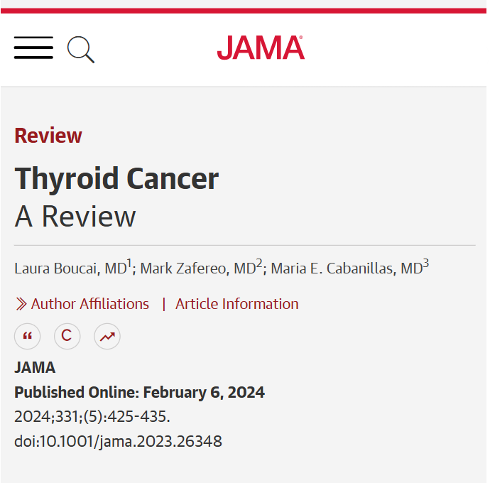 JAMA_current's tweet photo. For recurrent locoregional disease, #surgical resection is the preferred approach. In metastatic disease, surgical resection or stereotactic body irradiation is favored over systemic therapy, while antiangiogenic multikinase inhibitors and targeted therapies may be used for thyroid cancer that does not respond to radioactive iodine or for tumors with specific #genetic alterations.

This treatment framework supports more personalized care, with #therapies directed at alterations including BRAF, RET, NTRK, and MEK in patients with advanced thyroid carcinoma.

🔗 https://t.co/aSFQfwJdvO