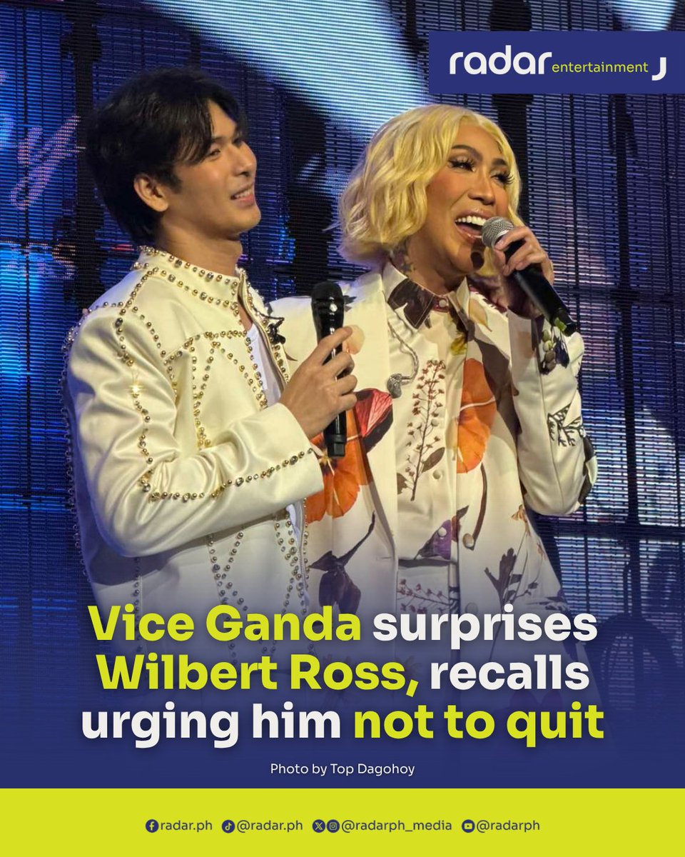 radarph_media's tweet photo. Vice Ganda, considered one of his industry mentors, made a surprise appearance at the second night of Wilbert Ross’ concert, “WRten By,” at the New Frontier Theater on Sunday, and revealed that there were periods in Wilbert’s career that he almost wanted to give up but she was there to encourage him to continue.

The unexpected appearance of Vice Ganda quickly became one of the night’s most talked-about moments, as the “It’s Showtime” host took the stage to celebrate Ross’ milestone and reflect on his journey in the industry.

“Congratulations. I’m very, very, proud of you,” Vice told the crowd, acknowledging the packed venue on the concert’s second night.

Ross, visibly emotional, credited Vice—whom he affectionately calls “Mother Dear”—for believing in him even before others did. The singer-dancer recalled overhearing her praise him in private, a moment that stayed with him through the years.

“She didn’t know that I was listening… she was bragging to her friends, ‘Wilbert is really good. He has a great singing voice. He dances. He also writes songs,’” Ross shared. “I can’t forget that. Ever since, she's been really proud of me.”

The performer also revealed that Vice played a key role in opening opportunities for him, including giving him a spot on “It's Showtime.”

“She supports me… she’s the only reason,” he said. “I never messaged her about my career. I never said, ‘Ma, please help me.’ Because I want everything to be genuine. She’s like my mother here in Manila.”

Vice, for her part, said she initially planned to attend the show simply as an audience member. But at the last minute, she coordinated with the production team to surprise Ross onstage—without compensation.

“I just really want to watch, I don’t want to be a guest… Wala namang bayad,” she quipped. “So it’s still like that. There’s still no pay. For the love of Wilbert. Abunado pa sa hair spray at pandikit ng wig.”

Beyond the humor, the TV host turned reflective as she spoke about Ross’ persistence, revealing that he once considered stepping away from his career.

“He always wanted to go back to Davao. I told him, ‘mas open na ngayon. Gumawa ka lang ng gumawa ng kanta.’ …mayroong makakapansin ng mga kanta niya,” she said. “Now, his songs are already a hit.”

Vice added: “He has been waiting for this moment. And he truly deserves this moment. ‘Wag kang susuko,’ I told him. He’s always like that—very patient.”

The lighthearted exchange continued as the two revisited Ross’ time with the all-male dance group Hashtags, with Vice jokingly calling him the “kindest” among the group.

“Sa lahat ng Hashtags siya ang pinaka mabait,” she said, drawing laughs from the audience. When Ross teased her about who the “meanest” was, Vice fired back, “Ikaw ang pinakamabait kasi wala naman sila dito.”

She also poked fun at the group’s past performances, saying: “We trained them sa ‘Showtime’ para wag magsabay-sabay… tingnan natin kung sino unang madidisband. So, congratulations to Girl Trends, nauna kayo.”

Ending on a more heartfelt note, Vice underscored the significance of the sold-out concert for Ross, whose two-night show marked a major career milestone.

“Panapanahon talaga ang lahat,” she said. “Ito ang panahon na hinihintay mo.”

(✍️: Marinel Cruz, 📹 Top Dagohoy)

#radarPHEntertainment #radarPH
