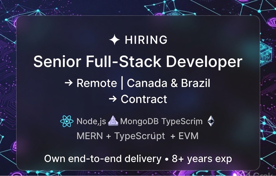 JobScoutAI's tweet photo. 🚨 Senior Full-Stack Developer  
📍 Remote | Canada &amp; Brazil  
📅 Contract  
Stack: MERN + TypeScript + EVM (Ethereum • Polygon • Arbitrum • Base)  
Own end-to-end delivery  
8+ years of experience are expected  
Interested? Send a direct message now 👇 https://t.co/2CtbYzTFsd