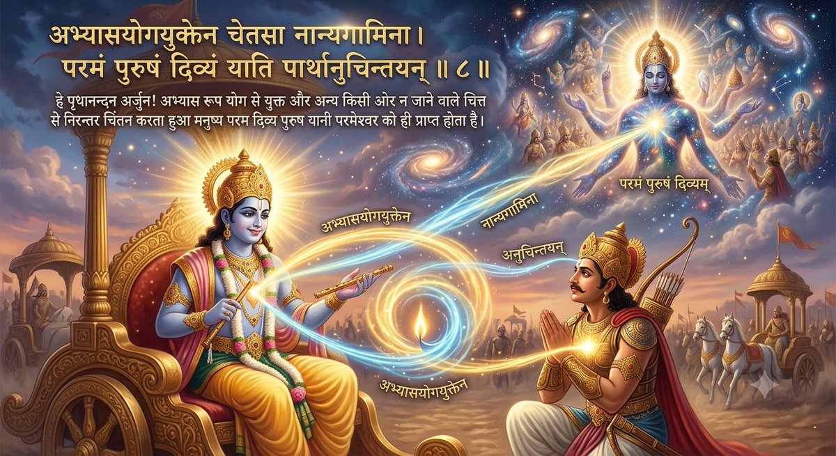 nirmalsinghSB's tweet photo. इस श्लोक में भगवान श्री कृष्ण बताते हैं कि मन को परमात्मा में लगाने की तकनीक क्या है और निरंतर अभ्यास से मन की गति कैसी हो जाती है।

अभ्यासयोगयुक्तेन चेतसा नान्यगामिना।
परमं पुरुषं दिव्यं याति पार्थानुचिन्तयन्॥ 8 ॥

भगवान श्री कृष्ण अर्जुन से कहते हैं: हे पृथानन्दन अर्जुन! अभ्यास रूप योग से युक्त (अभ्यासयोगयुक्तेन) और अन्य किसी ओर न जाने वाले (नान्यगामिना) चित्त से निरन्तर चिंतन करता हुआ (अनुचिन्तयन्) मनुष्य परम दिव्य पुरुष (परमं पुरुषं दिव्यम्) यानी परमेश्वर को ही प्राप्त होता है।

कृष्ण यहाँ मन को साधने और परमेश्वर तक पहुँचने का बहुत ही वैज्ञानिक और मनोवैज्ञानिक तरीका समझा रहे हैं:
1. अभ्यासयोगयुक्तेन (अभ्यास का बल)
मन का स्वभाव है चंचल होना और बाहर के विषयों में भागना। अभ्यास का अर्थ है—जब-जब मन सांसारिक चिंताओं, इच्छाओं या व्यर्थ की बातों में भटके, उसे वहाँ से खींचकर शांत भाव से पुनः परमात्मा में लगाना।

जैसे बहती हुई नदी पर बांध बनाकर उसकी दिशा मोड़ी जाती है, वैसे ही अभ्यास योग द्वारा मन की दिशा को संसार से मोड़कर परमेश्वर की ओर किया जाता है।

2. नान्यगामिना चेतसा (एकाग्र और अनन्य चित्त)
'ना-अन्य-गामिना' का अर्थ है—जिसका चित्त किसी दूसरे विषय (अन्य) में न जाए।
जब मन में सांसारिक कामनाएँ, स्वार्थ और राग-द्वेष शांत होने लगते हैं, तब चित्त निष्काम और एकनिष्ठ होकर परम सत्य में ठहरने लगता है।

3. अनुचिन्तयन् (निरंतर गहरा चिंतन)
यहाँ केवल चिंतन नहीं, बल्कि अनुचिंतन शब्द का प्रयोग किया गया है।
अनु का अर्थ है निरंतर, बिना टूटे, जैसे तेल की धार (तैलधारवत्) एक बर्तन से दूसरे बर्तन में बिना रुके गिरती है।
जब परमात्मा का स्मरण केवल सुबह-शाम पूजा तक सीमित न रहकर, जीवन के हर क्षण में एक शांत पृष्ठभूमि की तरह चलने लगता है, तो उसे अनुचिंतन कहते हैं।

यह वास्तव में अभ्यास योग की ही नीव है। जब मन फालतू की बातों में भटकना बंद कर देता है, तभी वह नान्यगामी (स्थिर) हो पाता है।

कृष्ण स्पष्ट कह रहे हैं कि जिसका चित्त स्थिर और अभ्यास से परिपक्व हो चुका है, उसे किसी भय या चिंता की आवश्यकता नहीं होती है। ऐसा साधक जीते-जी भी परम शांति में रहता है और शरीर छूटने पर सीधे उस दिव्य परम पुरुष (श्री कृष्ण) के धाम को प्राप्त होता है।

इसके बाद अगले 9वें और 10वें श्लोक में भगवान उस 'परम दिव्य पुरुष' के स्वरूप का और अधिक विस्तार से वर्णन करेंगे कि वे परमेश्वर कैसे हैं और अंत समय में प्राणों को कैसे एकाग्र किया जाता है।
                         जय श्री कृष्ण!🌺