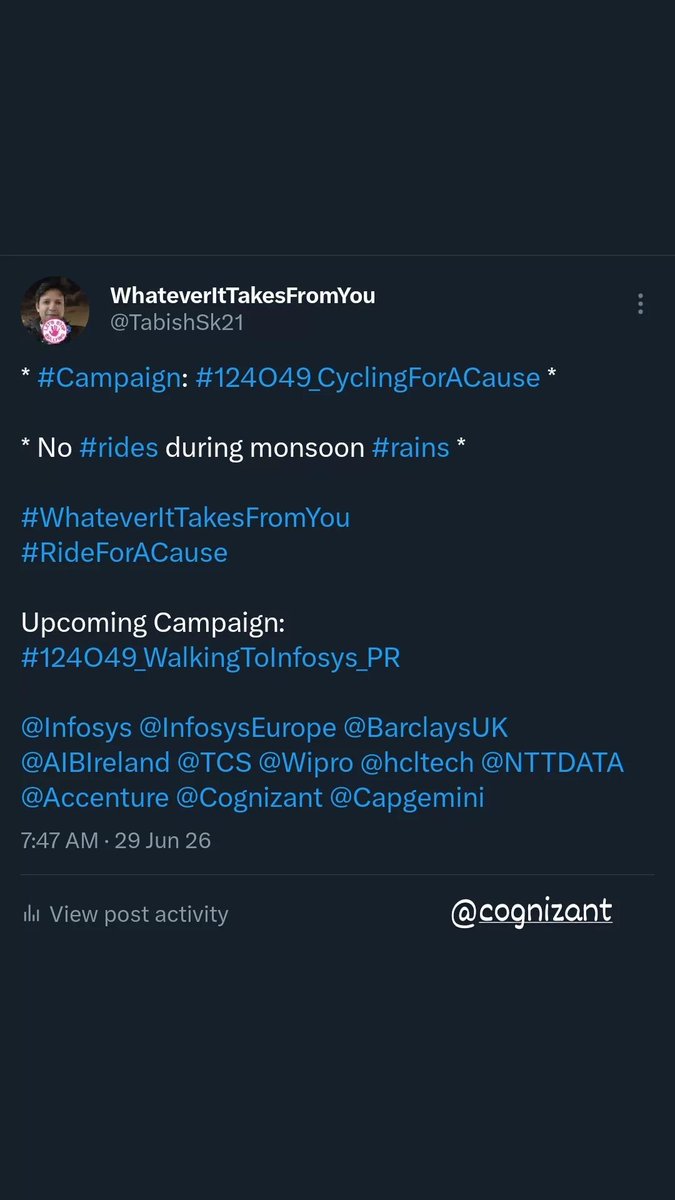TabishSk21's tweet photo. * #Campaign : #124O49_RunningForACause *

Distance Ran on 27-Jul-2024 ==> 05 KMs
Running since 09-Aug-2022 
Total Distance Ran in 719 Days ==> 3595 KMs

#WhateverItTakesFromYou
#RunForACause

Upcoming Campaign: #124O49_WalkingToInfosys_PR 

@Cognizant 
#Cognizant https://t.co/sB9toQGDKG