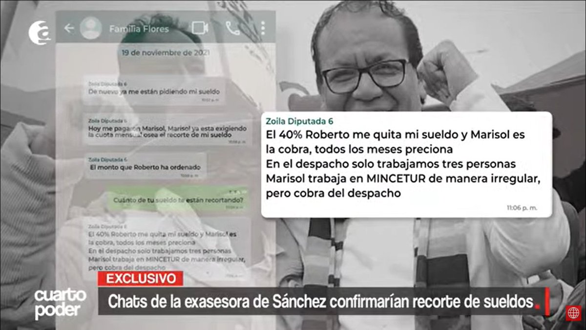 SofiaLopezLl's tweet photo. Chats del celular de Zoila Yauri, exasesora de Roberto Sánchez, confirmaría el recorte de sueldos a los trabajadores del ahora exministro y excongresista de Juntos por el Perú entre los años 2021 y 2023. Vía @Cuarto_Poder https://t.co/jhWC3A3zJu